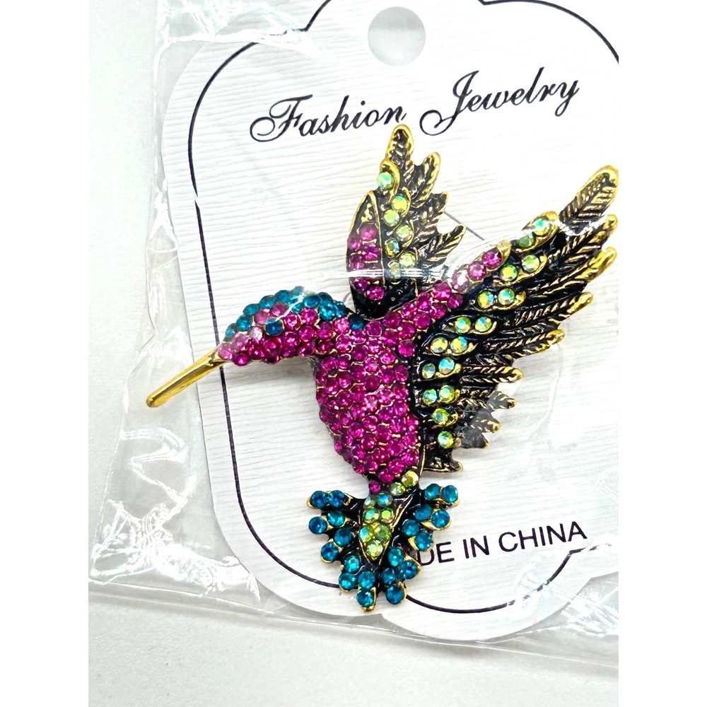 Fashion Jewelry Hummingbird Brooch Pink Blue Green Rhinestone Gold Tone Pin NEW